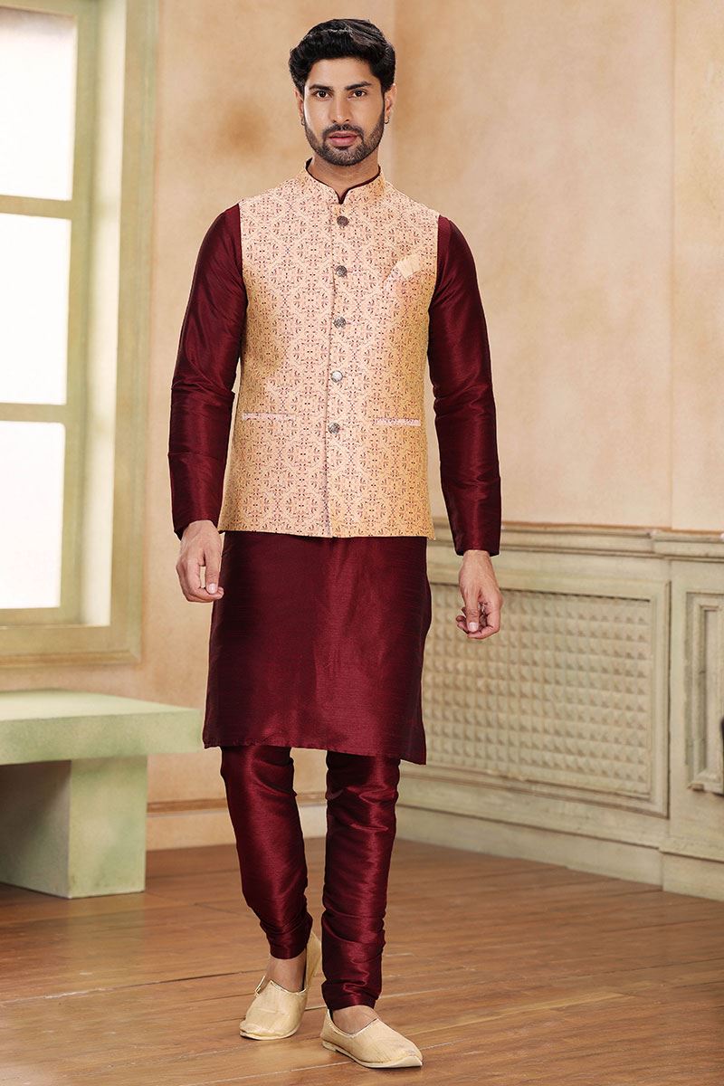 Exquisite Maroon Colored Designer Kurta Payjama with Jacket