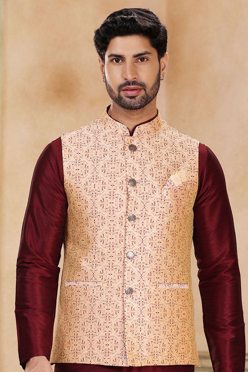 Exquisite Maroon Colored Designer Kurta Payjama with Jacket