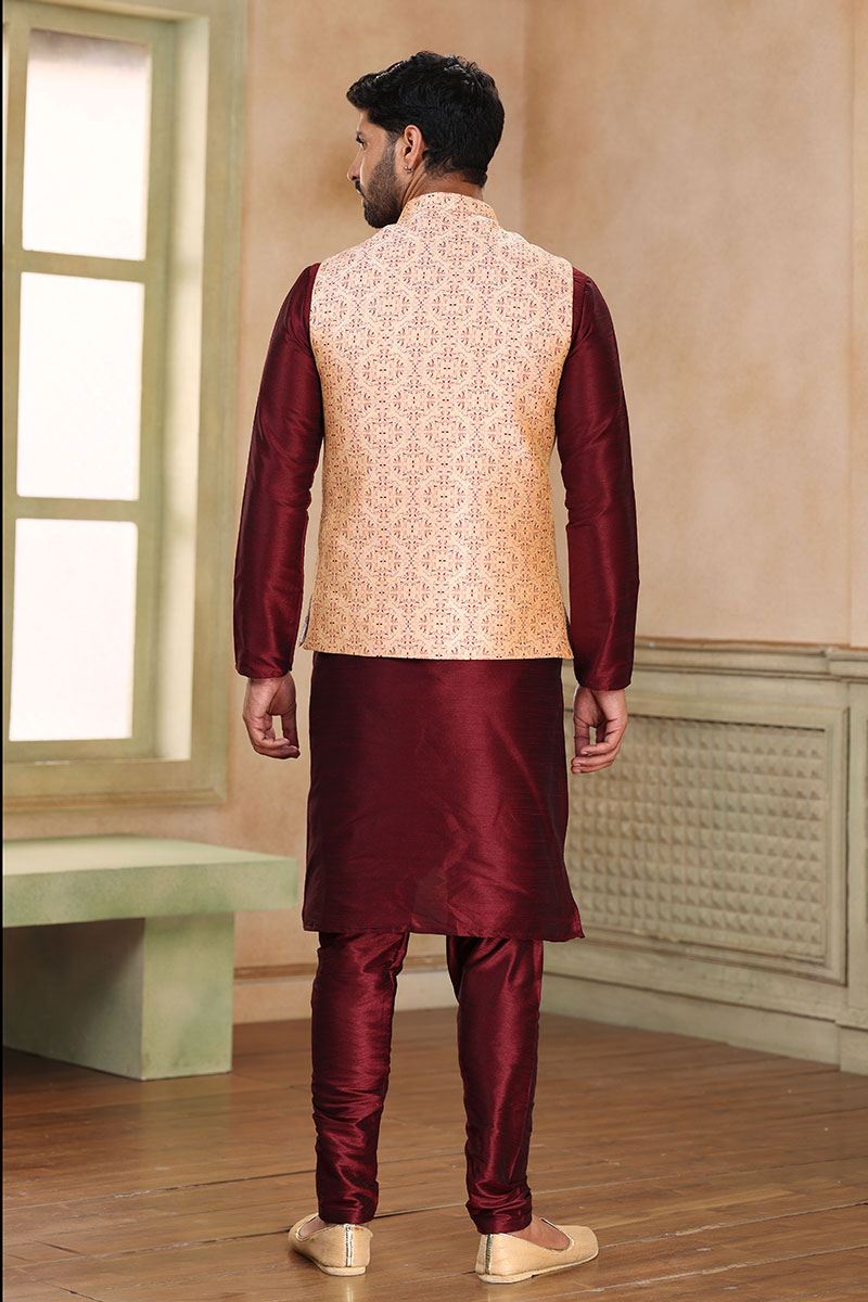 Exquisite Maroon Colored Designer Kurta Payjama with Jacket