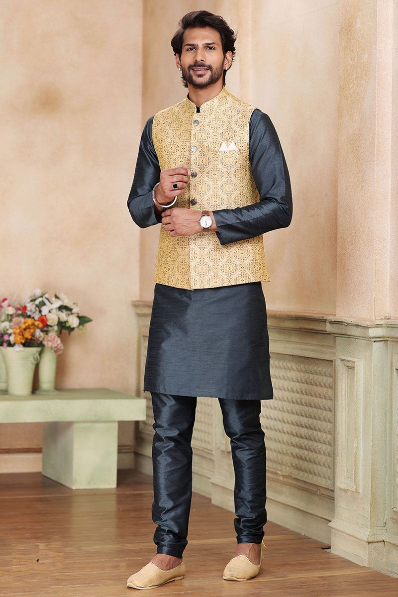 Charming Dark Grey Colored Designer Kurta Payjama with Jacket