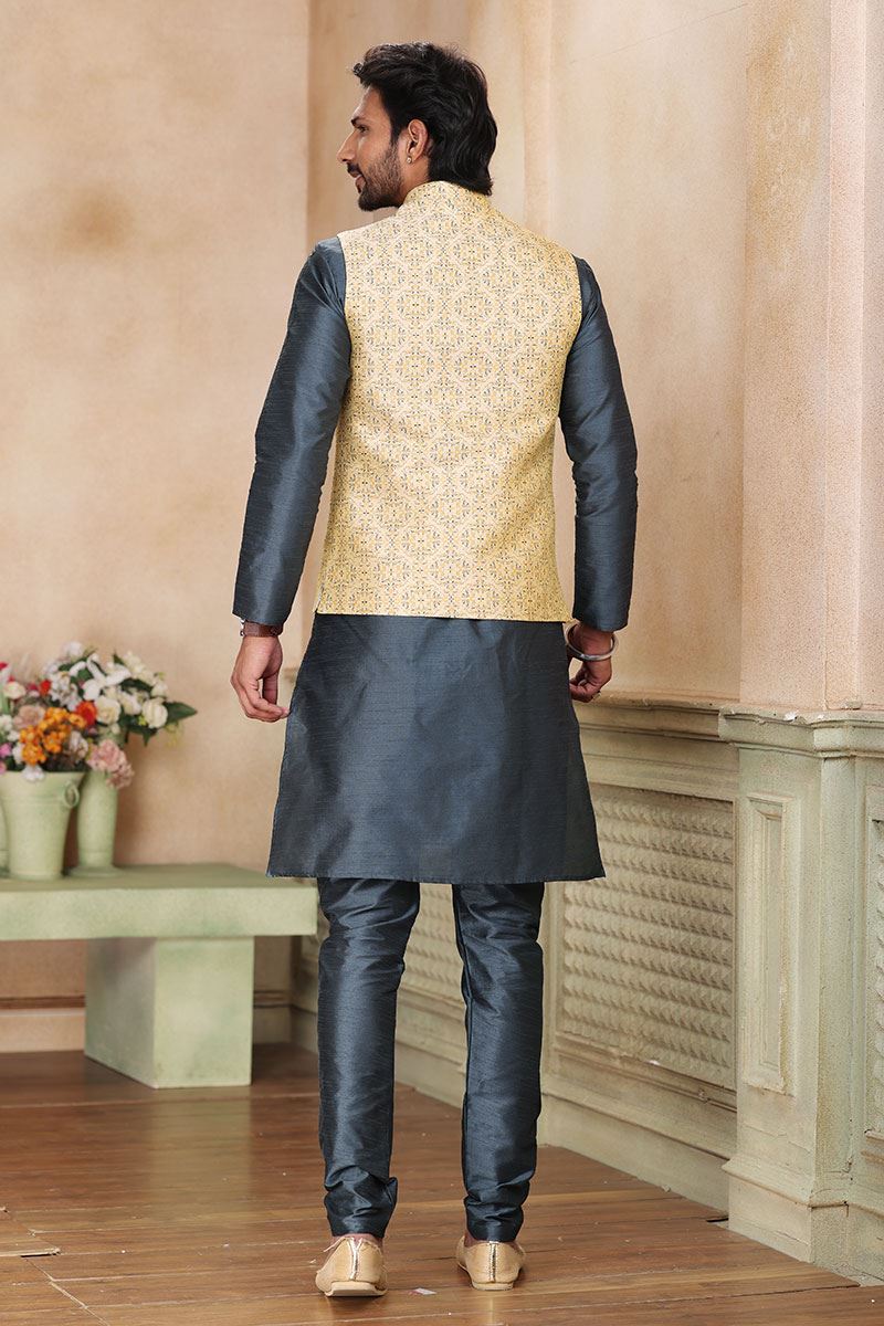 Charming Dark Grey Colored Designer Kurta Payjama with Jacket
