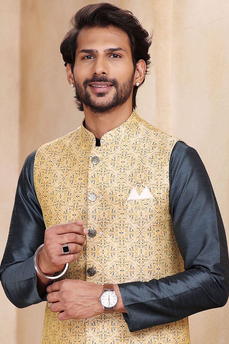 Charming Dark Grey Colored Designer Kurta Payjama with Jacket