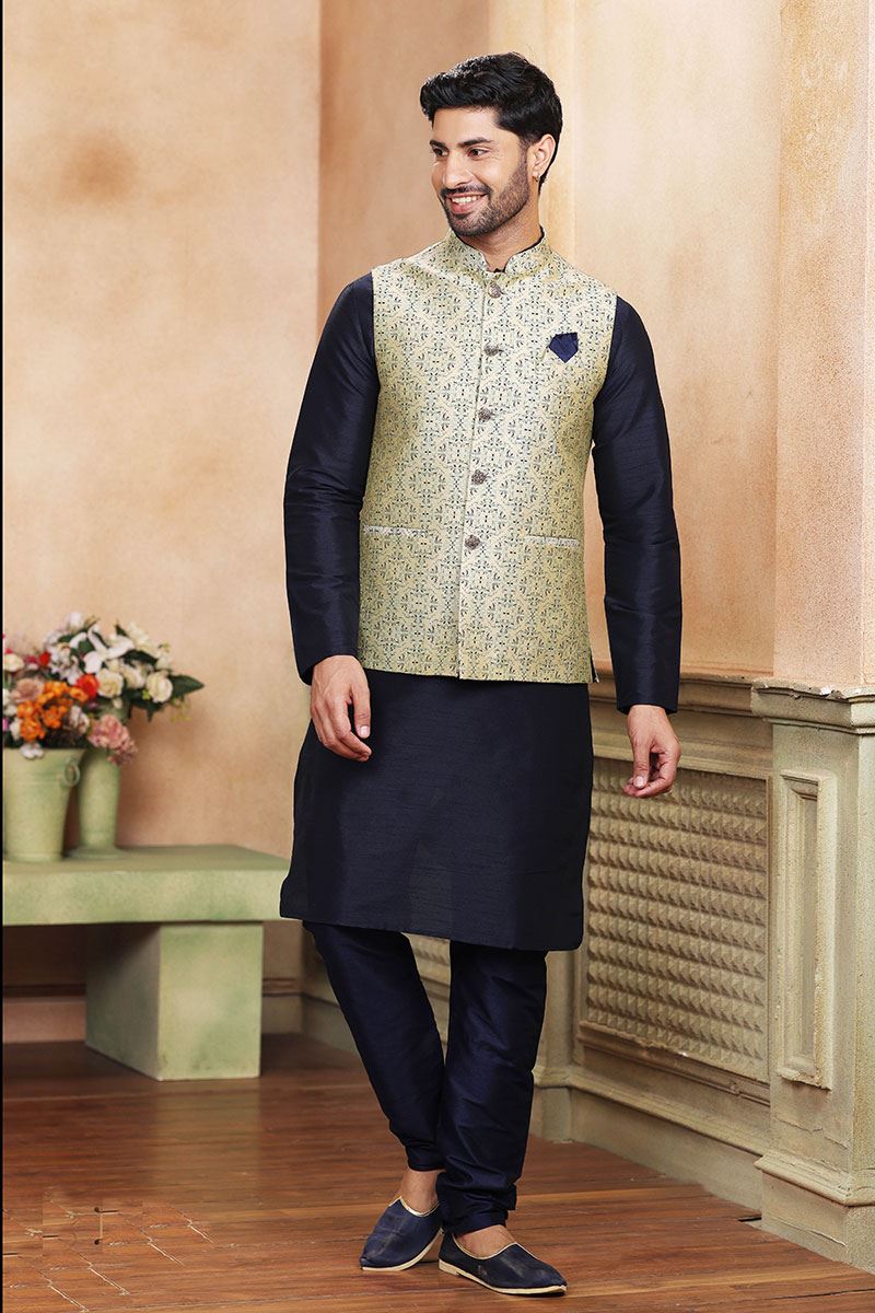 Exuberant Navy Blue Colored Designer Kurta Payjama with Jacket