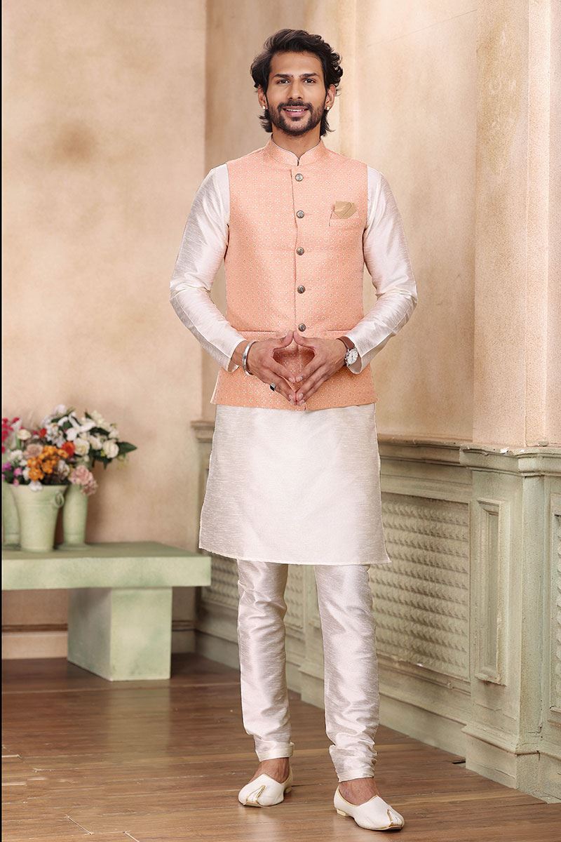 Classy Cream Colored Designer Kurta Payjama with Jacket