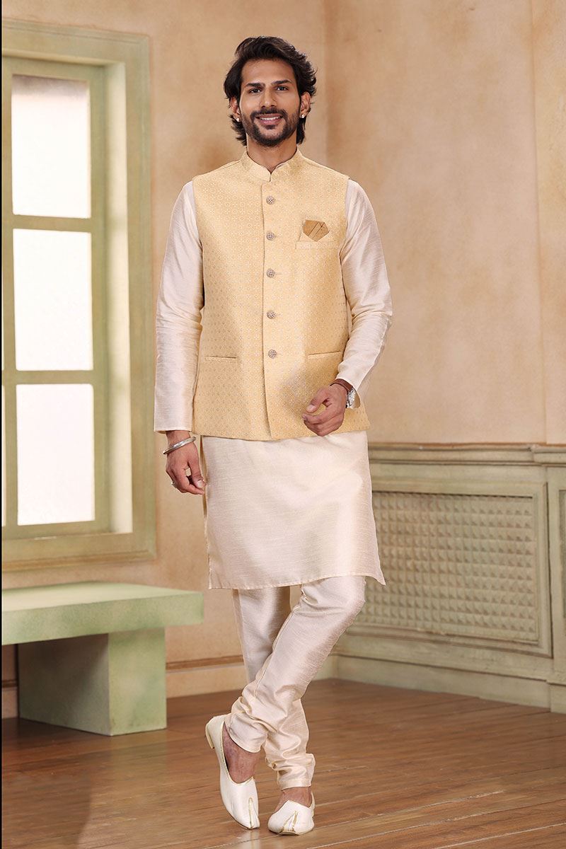 Appealing Cream Colored Designer Kurta Payjama with Jacket