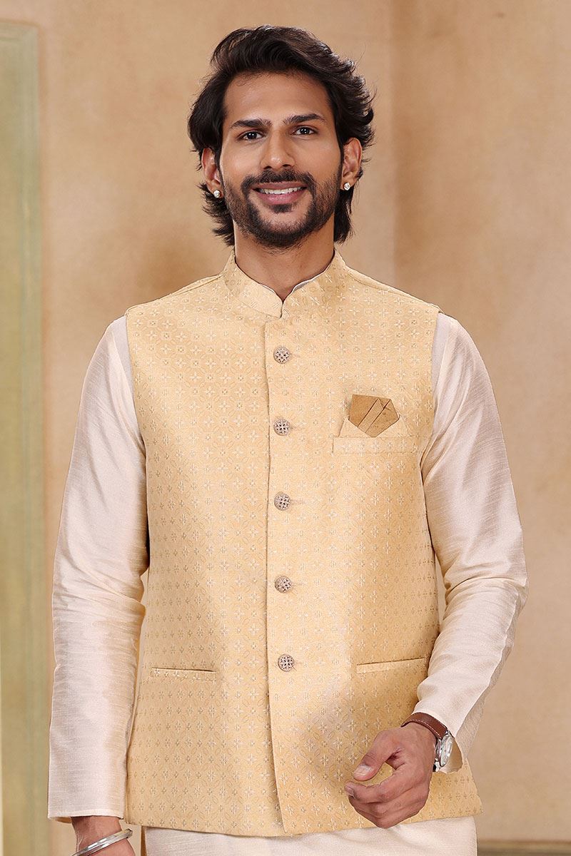 Appealing Cream Colored Designer Kurta Payjama with Jacket