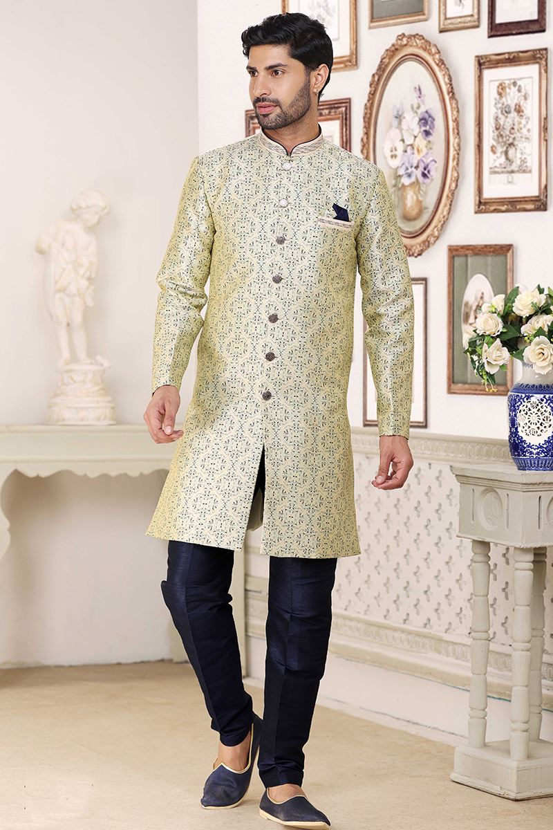 Appealing Cream Blue Colored Designer Indowestern Sherwani