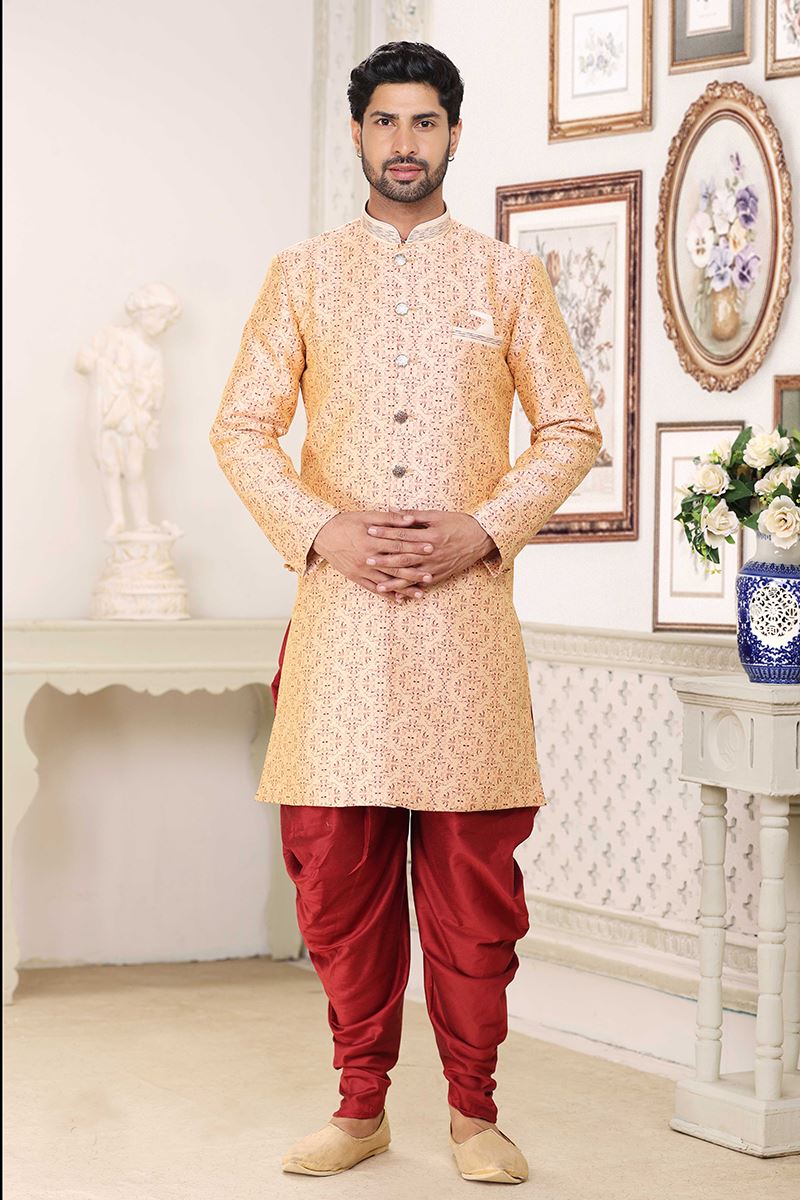 Stylish Cream and Maroon Colored Designer Indowestern Sherwani