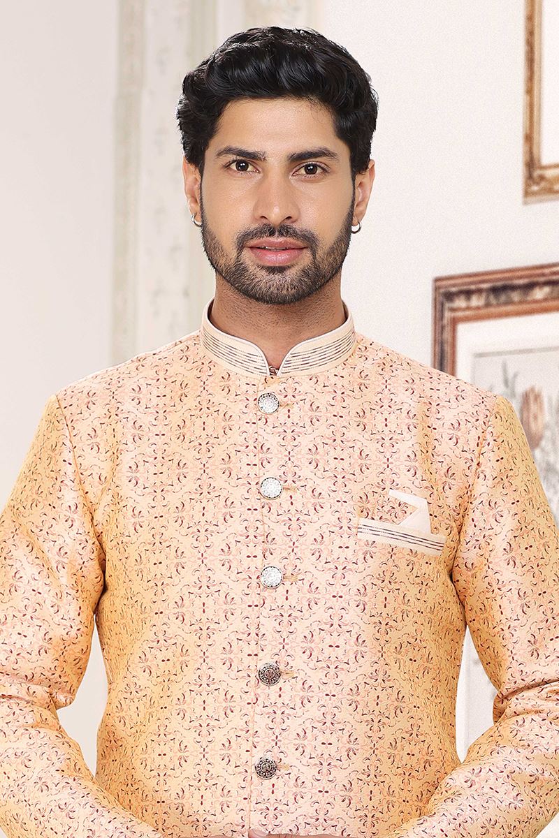 Stylish Cream and Maroon Colored Designer Indowestern Sherwani