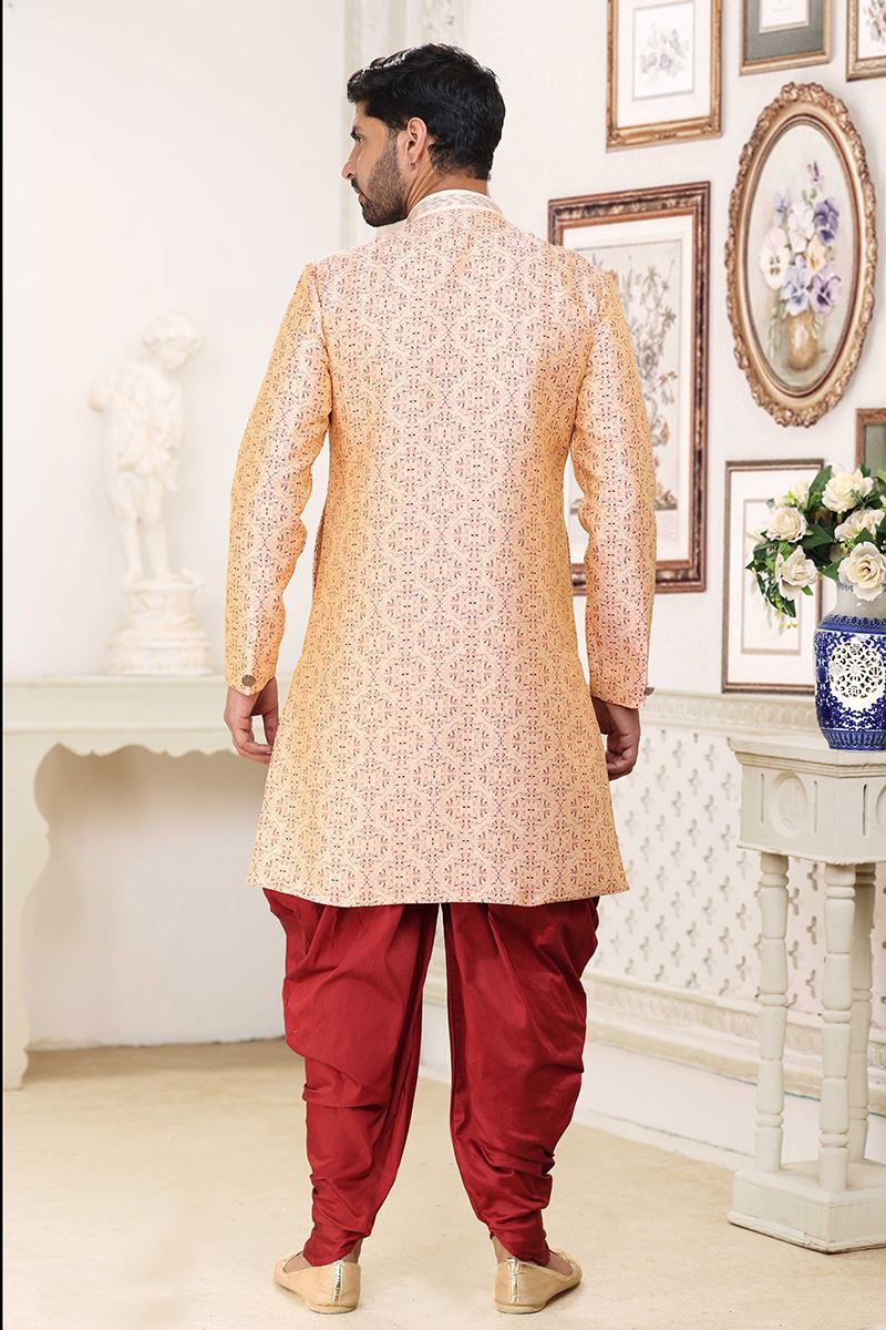 Stylish Cream and Maroon Colored Designer Indowestern Sherwani