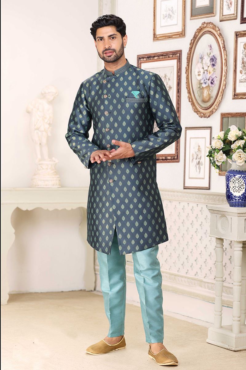 Majestic Steel Blue Colored Designer Indowestern Sherwani