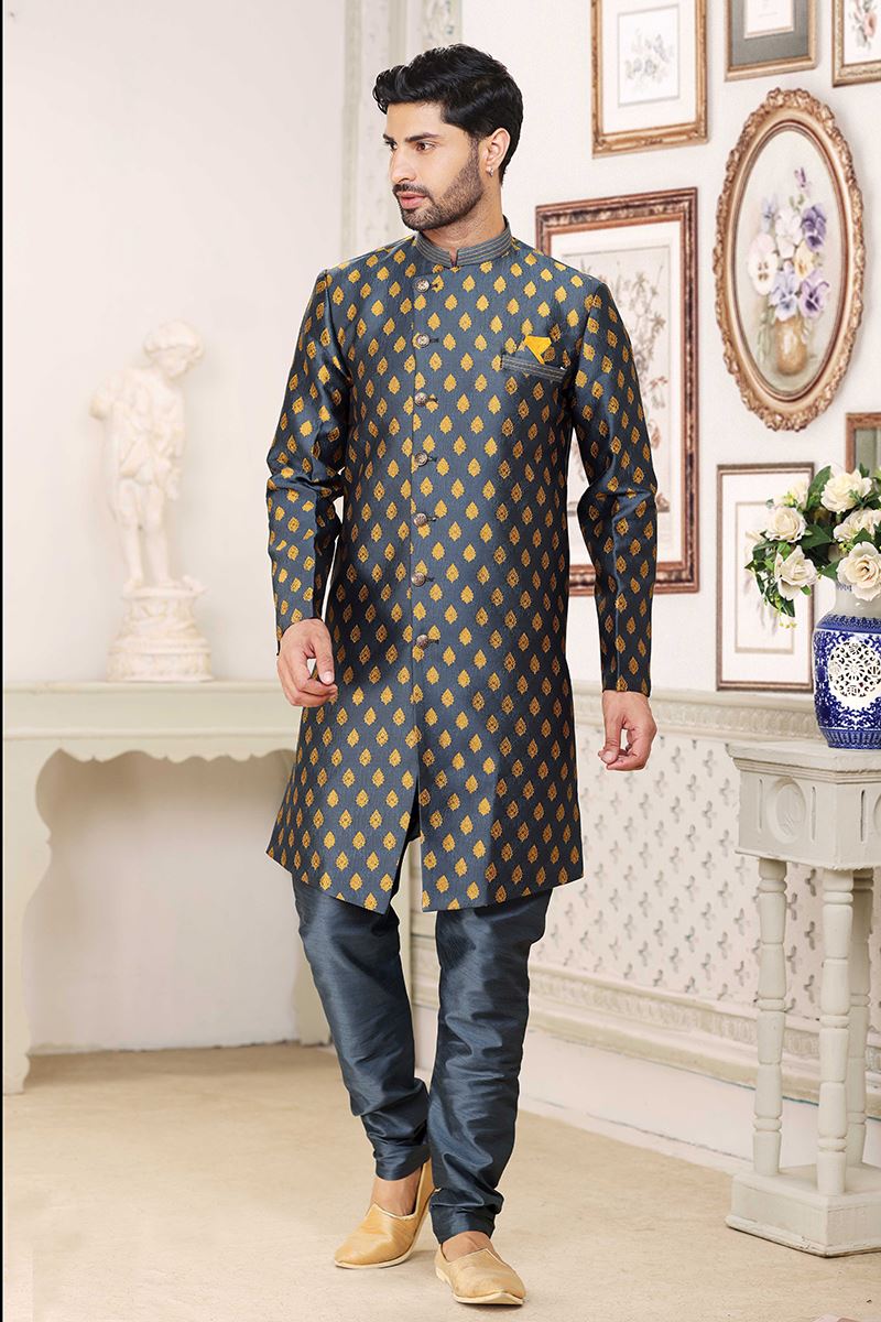 Classy Steel Blue Colored Designer Indowestern Sherwani
