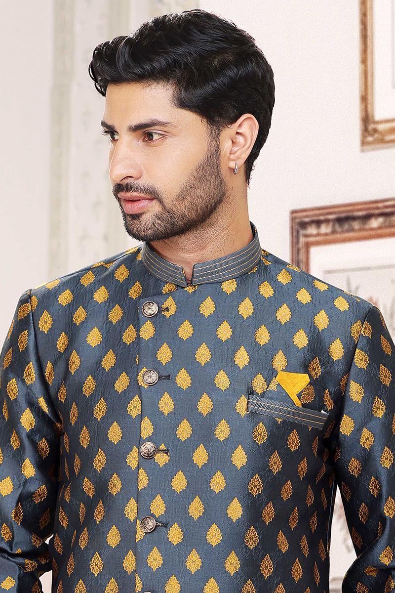 Classy Steel Blue Colored Designer Indowestern Sherwani