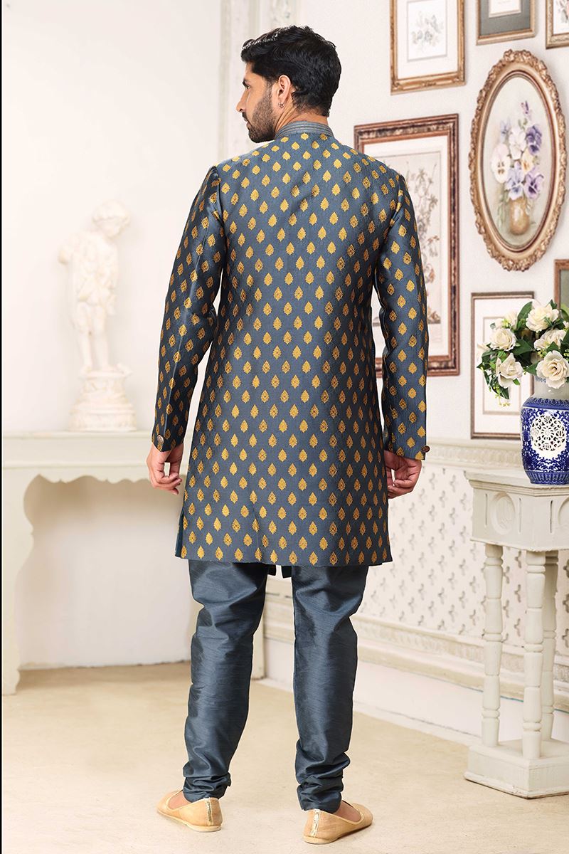 Classy Steel Blue Colored Designer Indowestern Sherwani