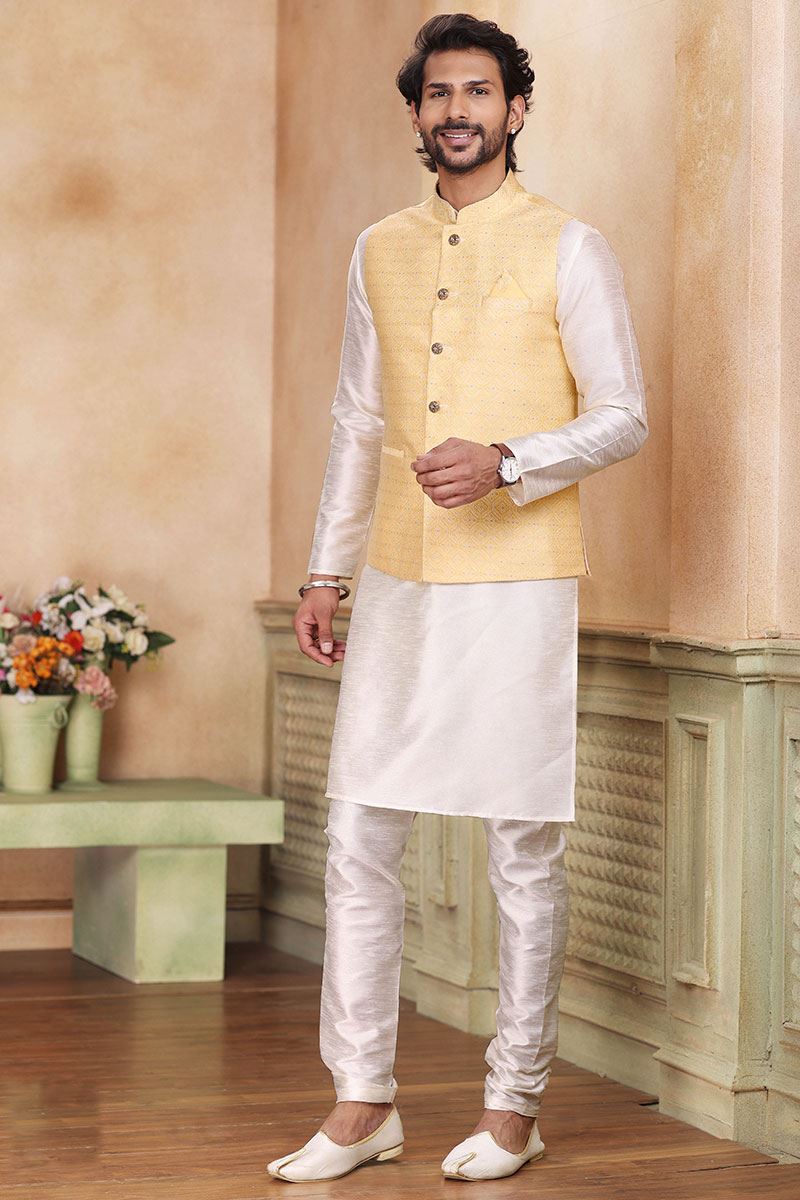 Marvelous Cream Colored Designer Kurta Payjama with Jacket