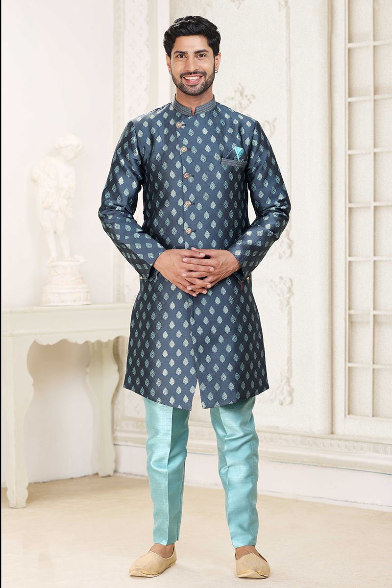 Exuberant Steel Blue Colored Designer Indowestern Sherwani