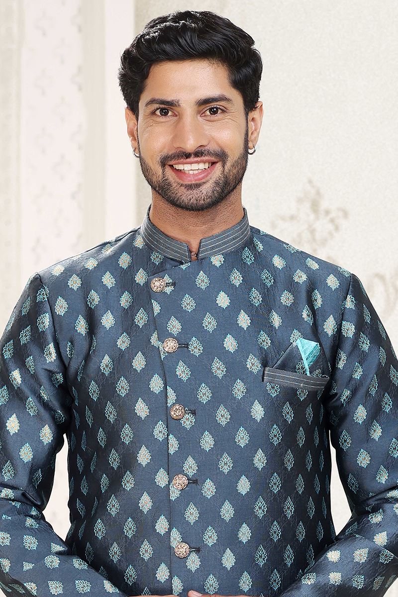 Exuberant Steel Blue Colored Designer Indowestern Sherwani