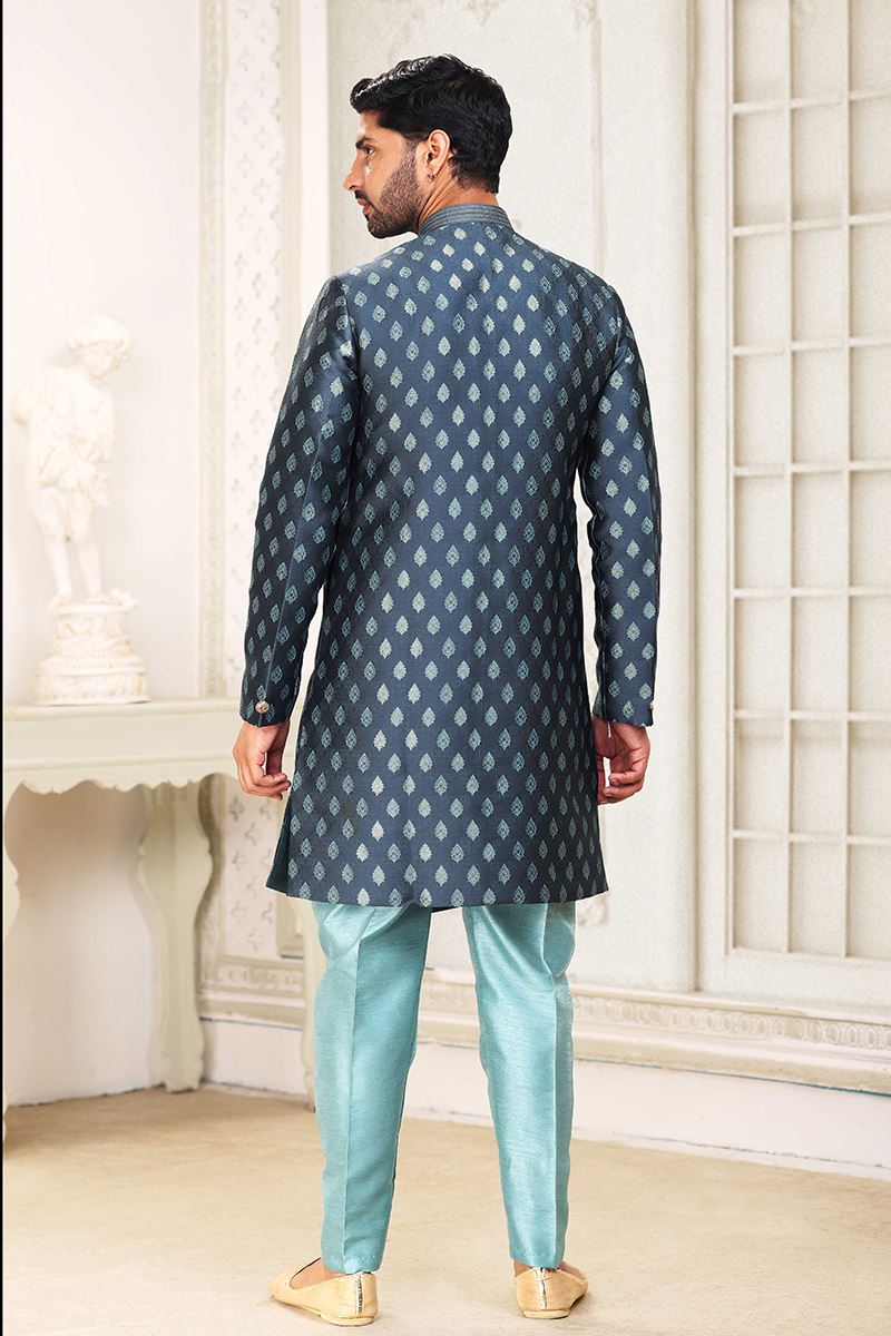Exuberant Steel Blue Colored Designer Indowestern Sherwani