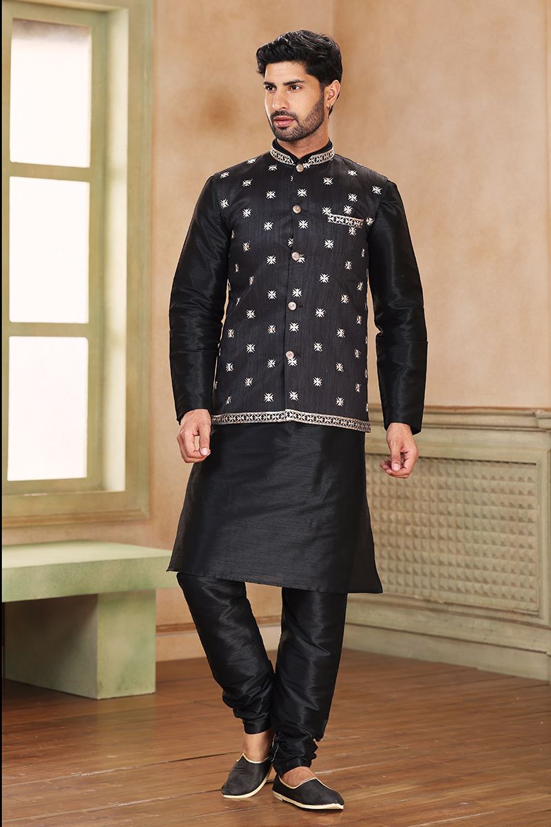 Fancy Black Colored Designer Kurta Payjama with Jacket