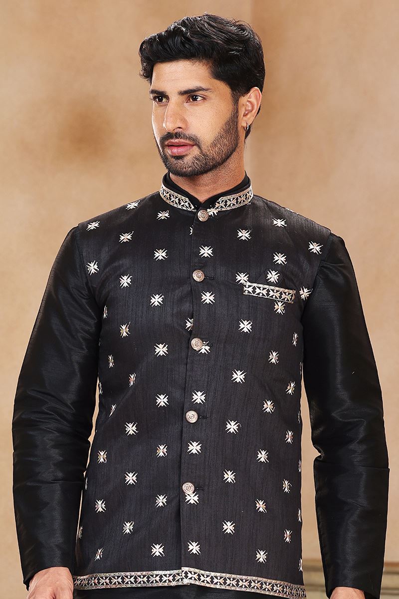 Fancy Black Colored Designer Kurta Payjama with Jacket