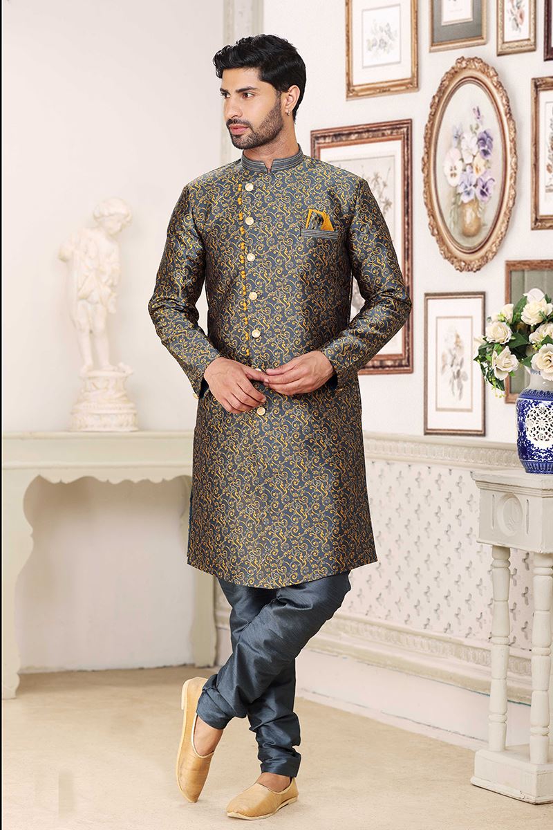 Charming Dark Grey Colored Designer Indowestern Sherwani