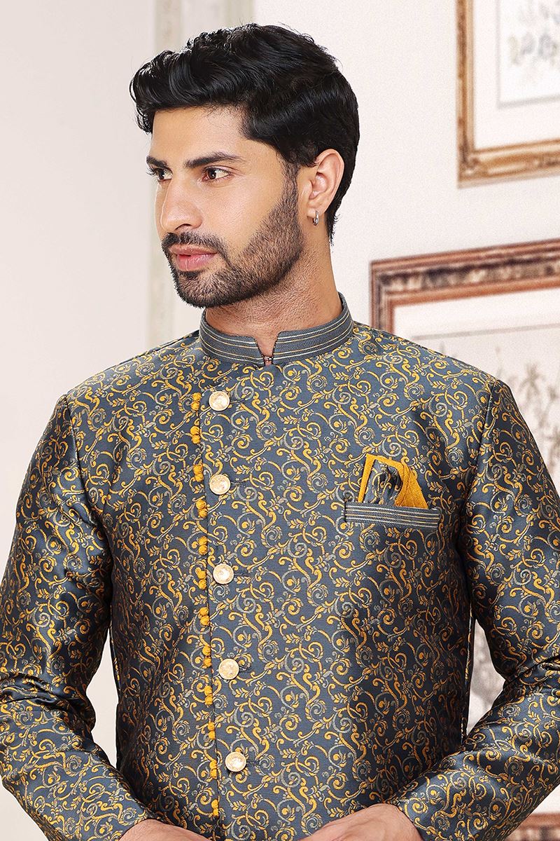 Charming Dark Grey Colored Designer Indowestern Sherwani