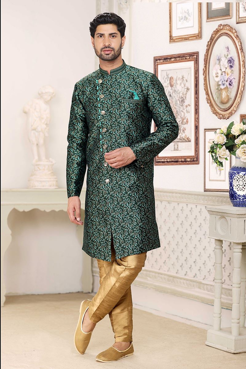 Exquisite Green Colored Designer Indowestern Sherwani
