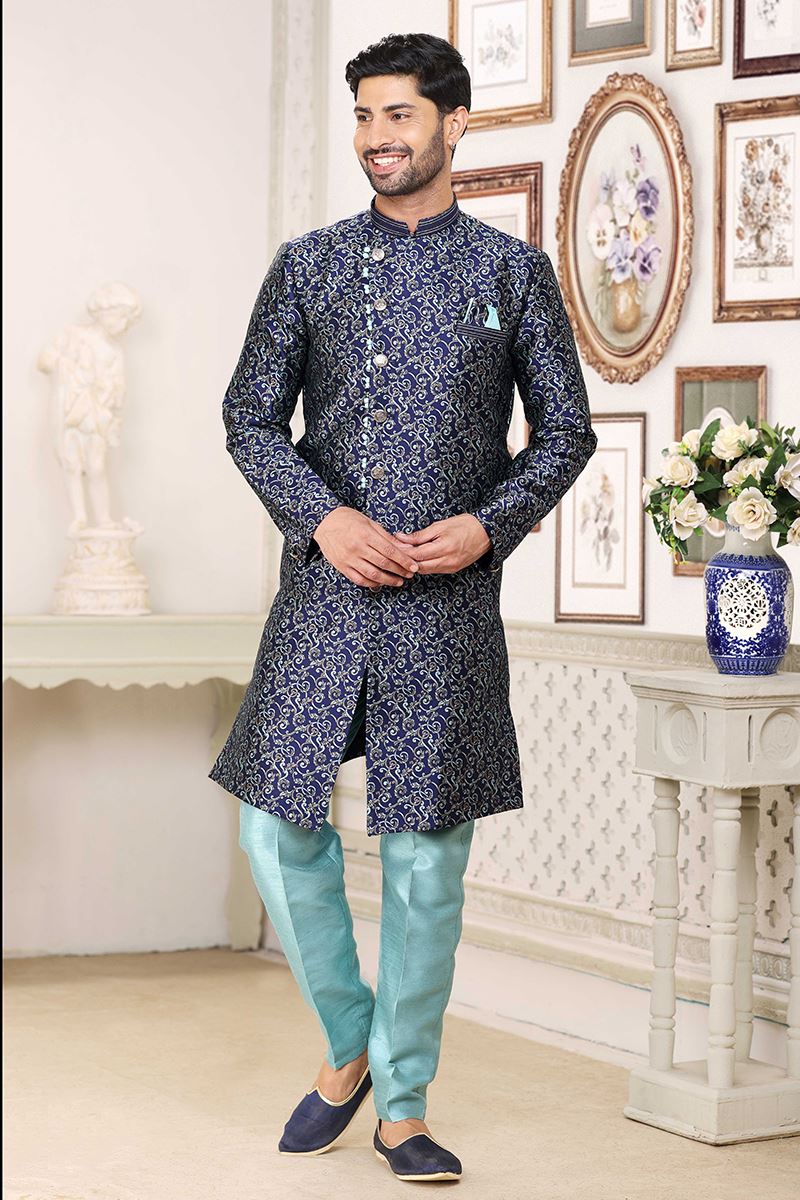 Aesthetic Blue Colored Designer Indowestern Sherwani