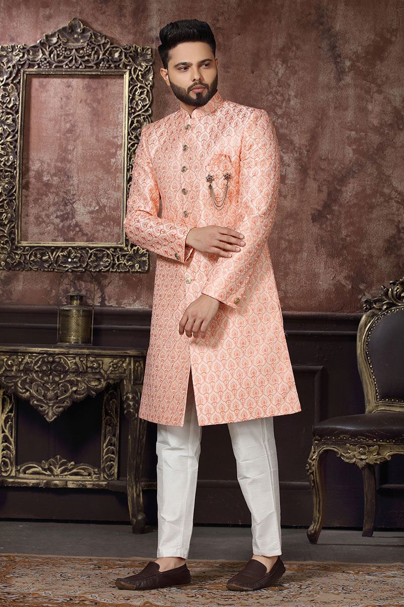 Charismatic Peach Colored Designer Readymade Men's Indo-Western Sherwani