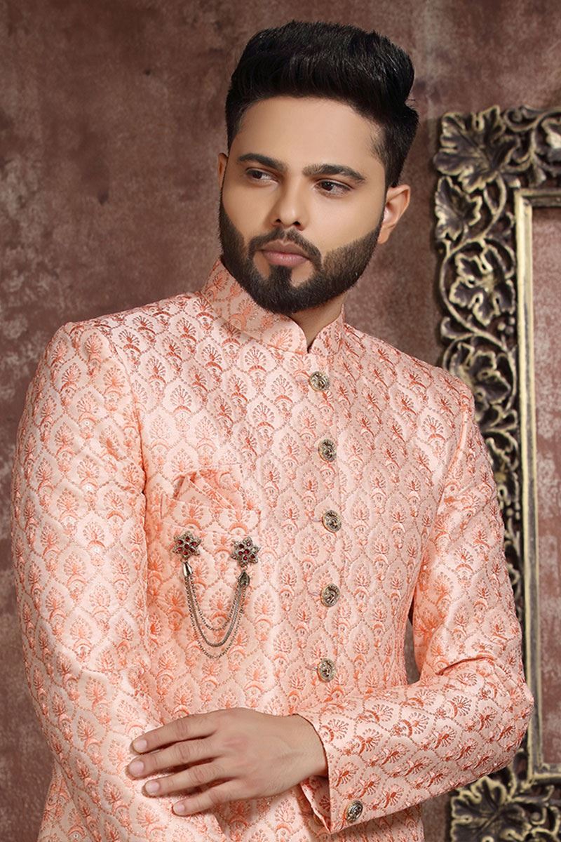 Charismatic Peach Colored Designer Readymade Men's Indo-Western Sherwani