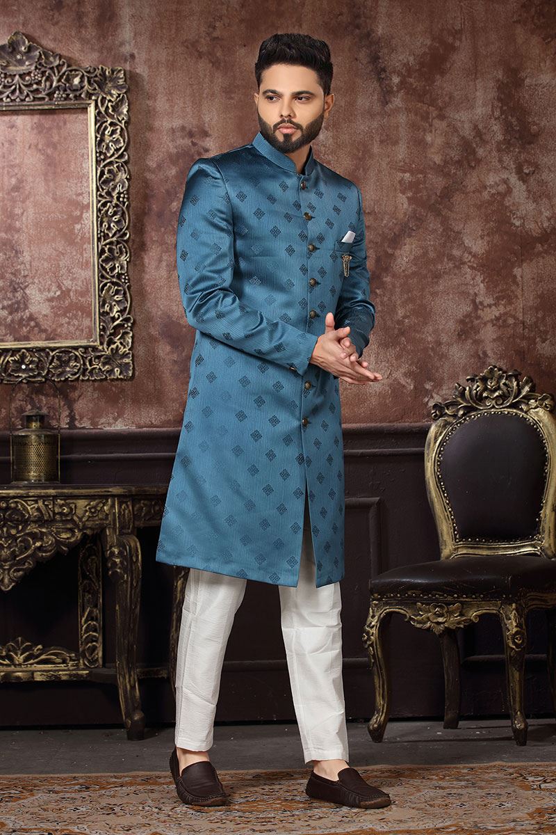 Spectacular Teal Blue Colored Designer Readymade Men's Indo-Western Sherwani