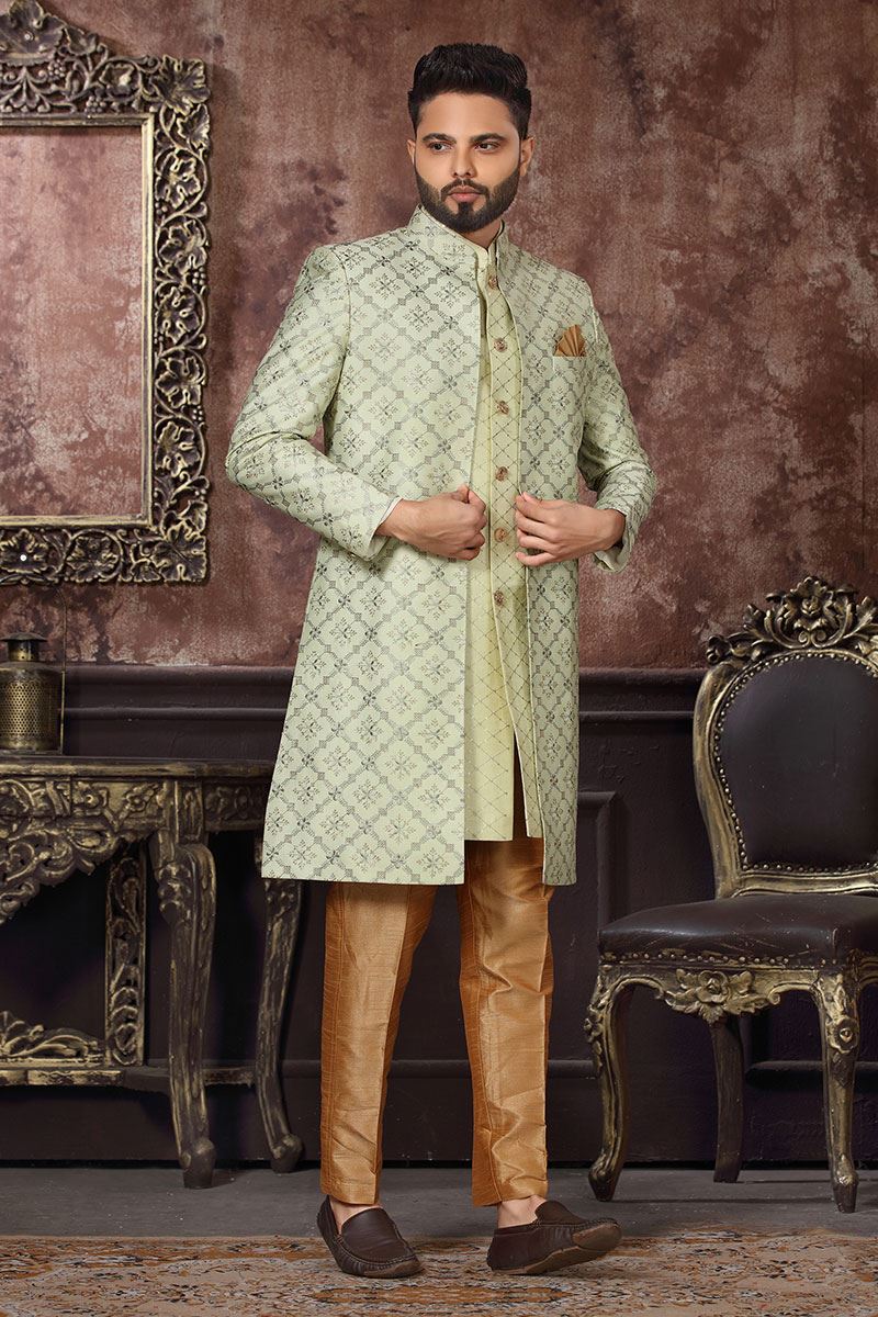 Splendid Pista Colored Designer Readymade Men's Indo-Western Sherwani