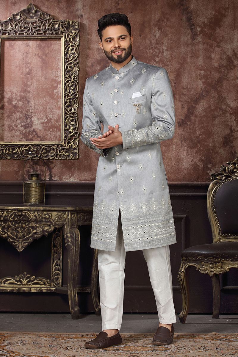 Amazing Grey Colored Designer Readymade Men's Indo-Western Sherwani