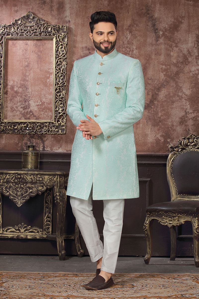 Impressive Sky Blue Colored Designer Readymade Men's Indo-Western Sherwani