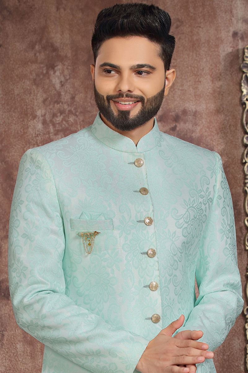 Impressive Sky Blue Colored Designer Readymade Men's Indo-Western Sherwani