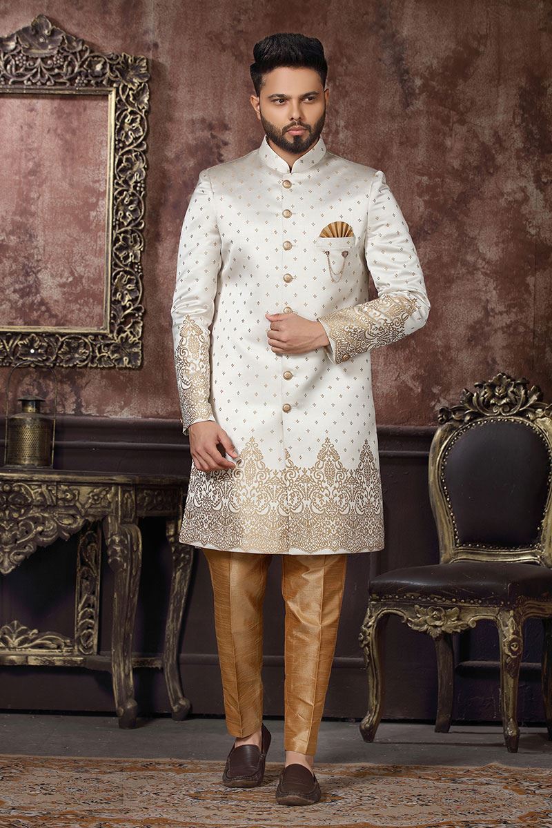 Delightful Cream Colored Designer Readymade Men's Indo-Western Sherwani
