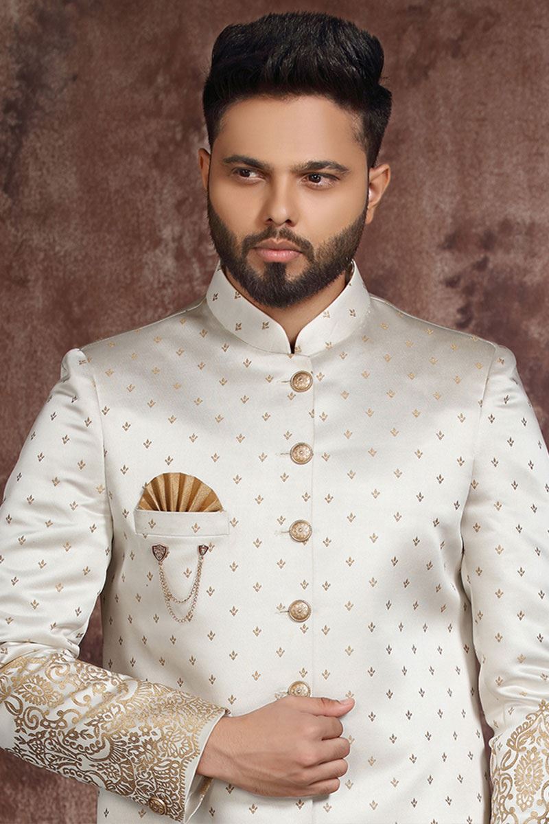 Delightful Cream Colored Designer Readymade Men's Indo-Western Sherwani