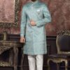 Exquisite Mint Blue Colored Designer Readymade Men's Indo-Western Sherwani