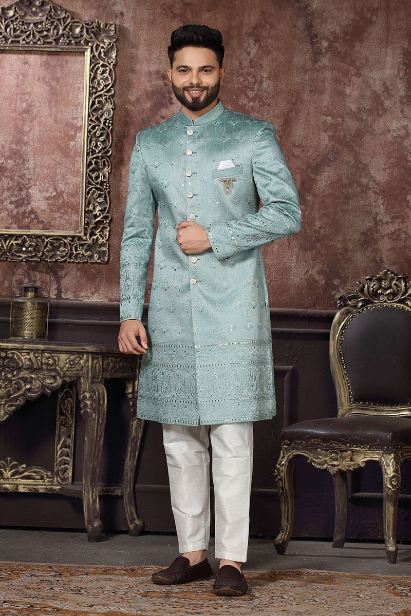 Exquisite Mint Blue Colored Designer Readymade Men's Indo-Western Sherwani