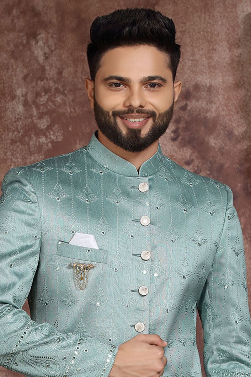 Exquisite Mint Blue Colored Designer Readymade Men's Indo-Western Sherwani