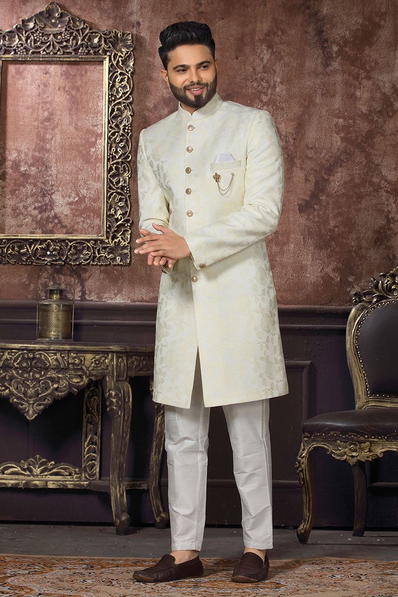 Appealing Off-White Colored Designer Readymade Men's Indo-Western Sherwani