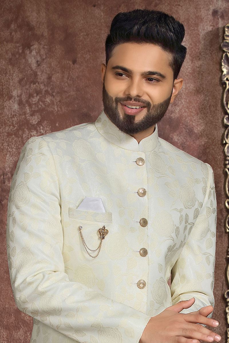 Appealing Off-White Colored Designer Readymade Men's Indo-Western Sherwani