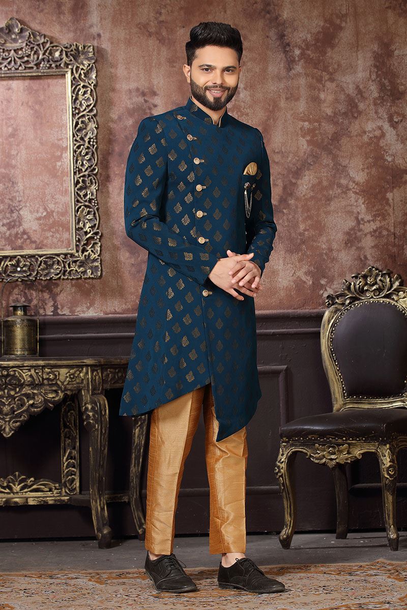 Fashionable Navy Blue Colored Designer Readymade Men's Indo-Western Sherwani