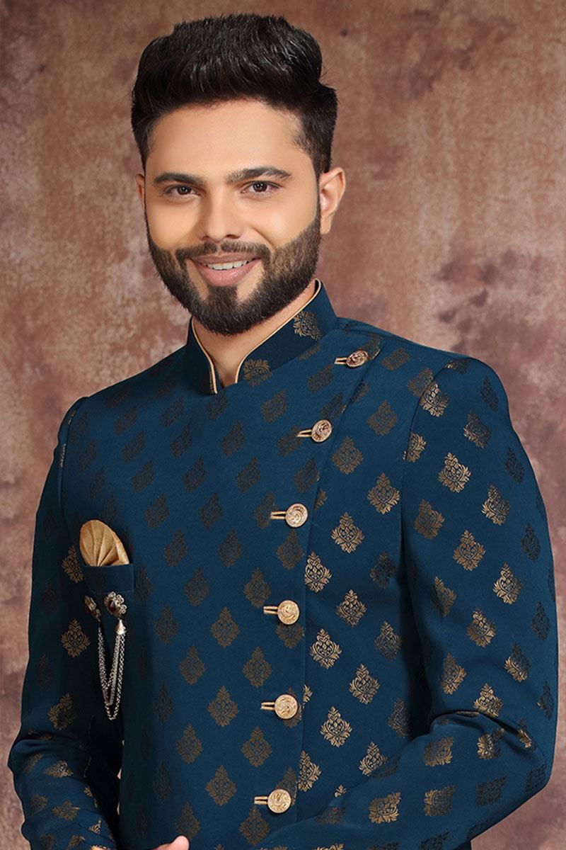 Fashionable Navy Blue Colored Designer Readymade Men's Indo-Western Sherwani