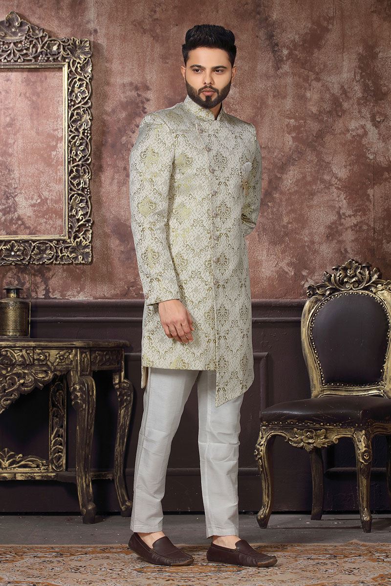 Exuberant Light Pista Colored Designer Readymade Men's Indo-Western Sherwani