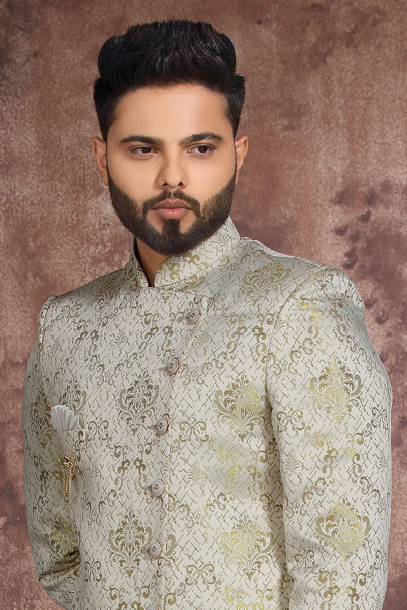 Exuberant Light Pista Colored Designer Readymade Men's Indo-Western Sherwani