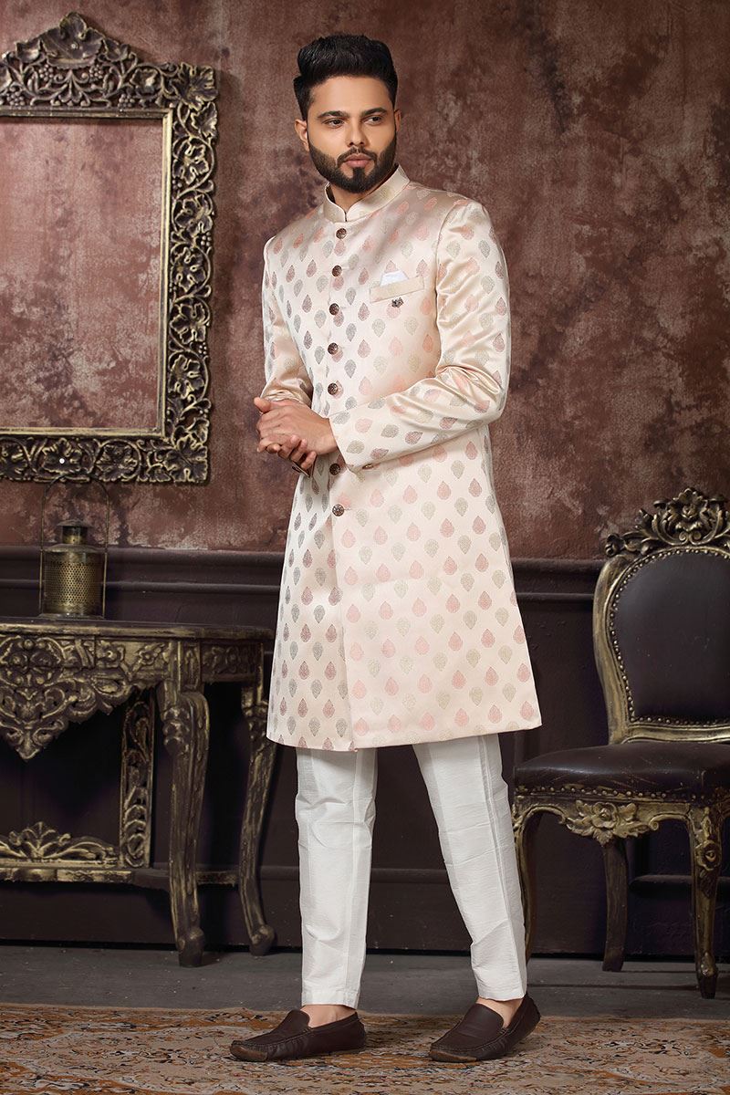 Magnificent Cream Colored Designer Readymade Men's Indo-Western Sherwani