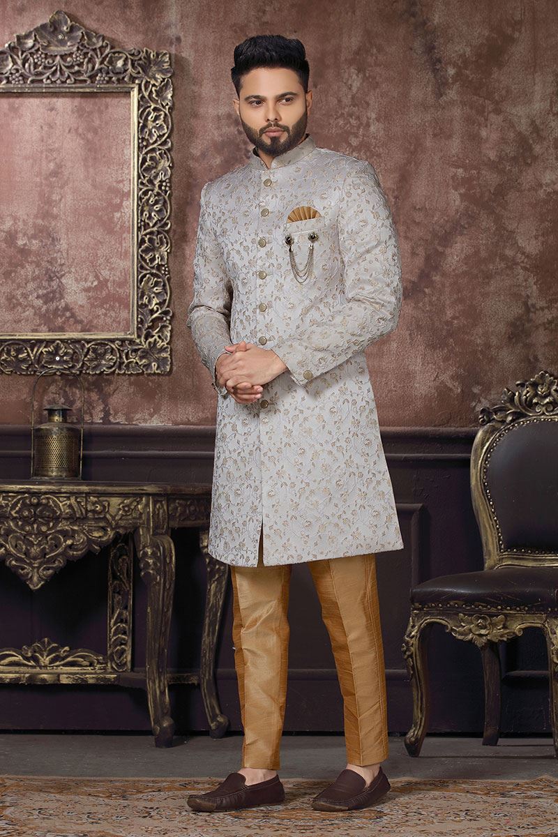 Captivating Grey Colored Designer Readymade Men's Indo-Western Sherwani
