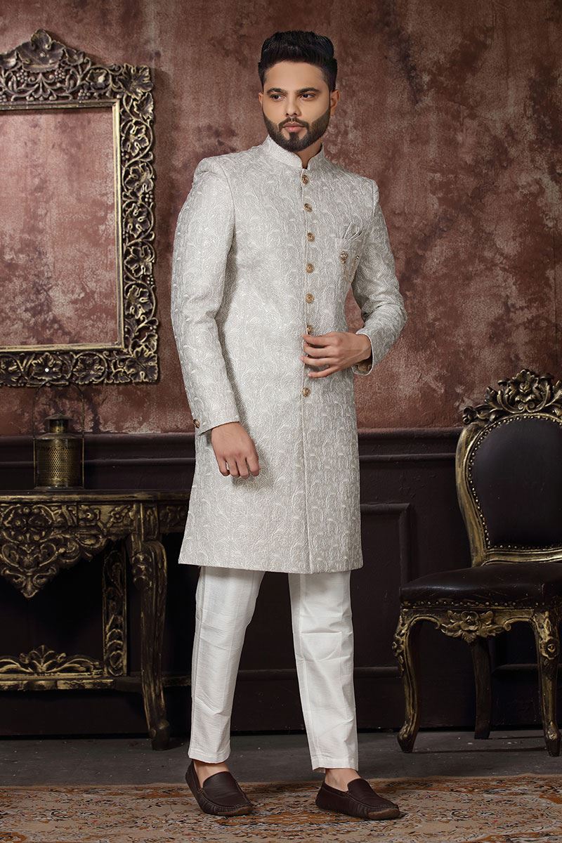 Fancy Off-White Colored Designer Readymade Men's Indo-Western Sherwani