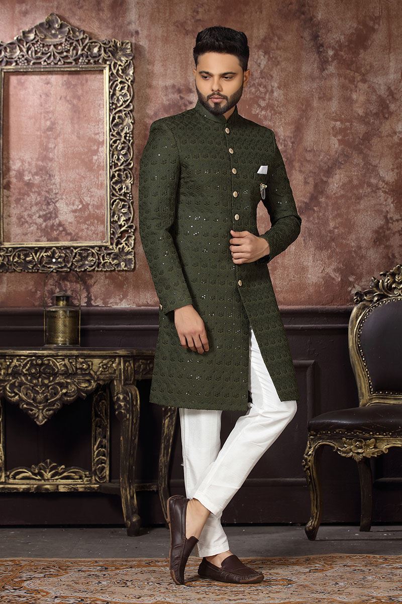 Charismatic Mehendi Green Colored Designer Readymade Men's Indo-Western Sherwani